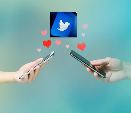 Collage of two mobile phones, heart emojis, and a Twitter logo