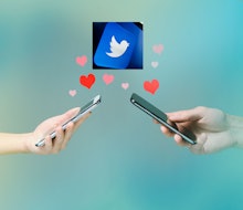 Collage of two mobile phones, heart emojis, and a Twitter logo
