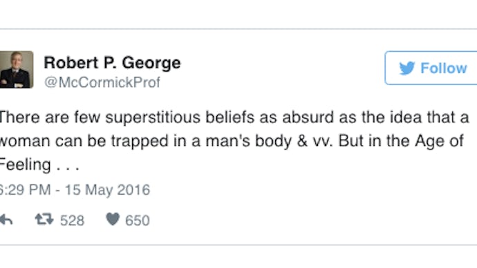 Princeton's Robert George calling trans identity absurd and superstitious in a tweet