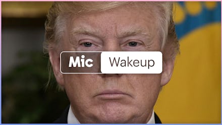 "Mic Wakeup" text over full-profiled Donald Trump