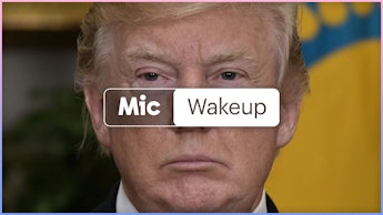 "Mic Wakeup" text over full-profiled Donald Trump