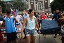 A group of students protesting The Columbia Student Accused of Raping "Mattress Girl" Emma Sulkowicz