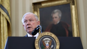 Jeff Sessions speaking on immigration at a podium