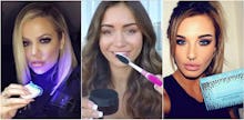 Collage of three girls that are in the process of getting white teeth by using products