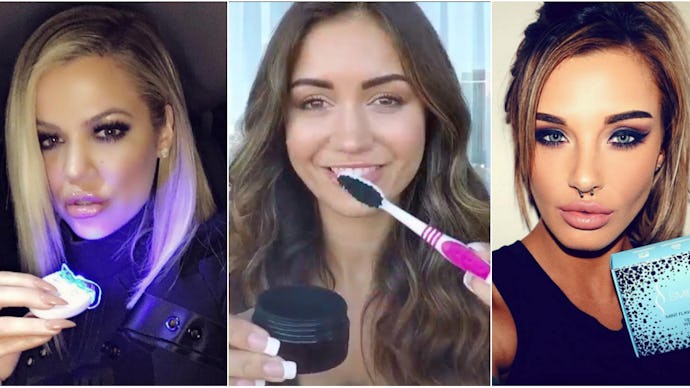 Collage of three girls that are in the process of getting white teeth by using products