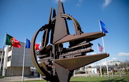 The sculpture of NATO star in front of the NATO headquarters 