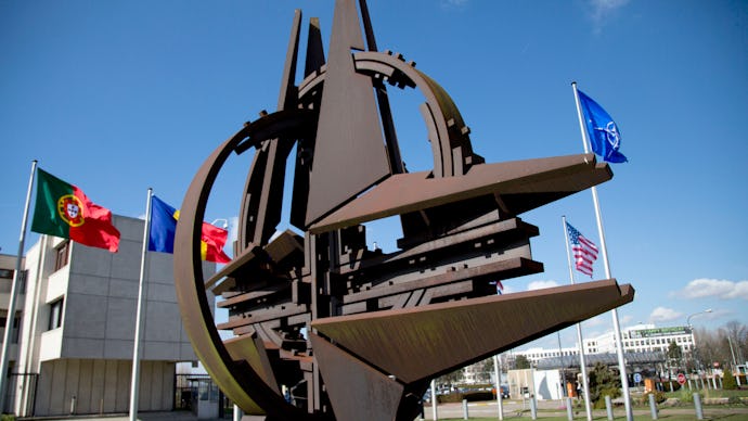 The sculpture of NATO star in front of the NATO headquarters 
