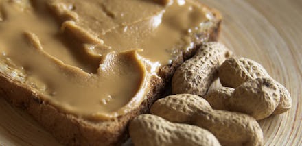 Peanut butter on bread and peanuts next to it