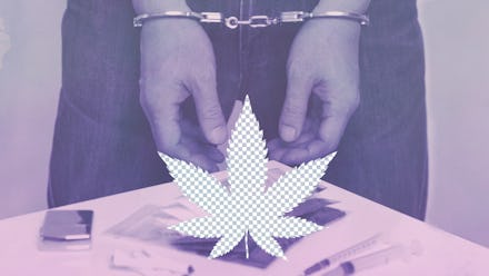 The hands of a handcuffed person and a marijuana leaf illustration in the center of the photo