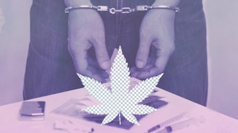 The hands of a handcuffed person and a marijuana leaf illustration in the center of the photo 