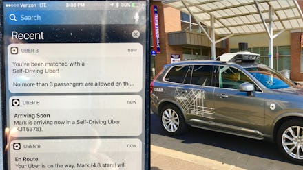 A two-part collage of a screenshot with Uber notifications and a parked grey car