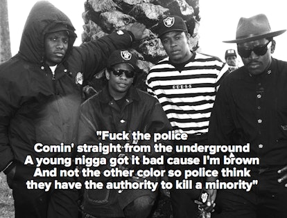 A black and white photo of the NWA, with the lyrics to "Fuck tha Police"