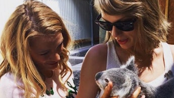 Taylor Swift and Blake Lively standing next to each other on a warm summer day holding a koala