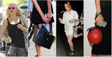 Four stylish celebrities with lovely bags slung over their shoulders and their phones in their hands