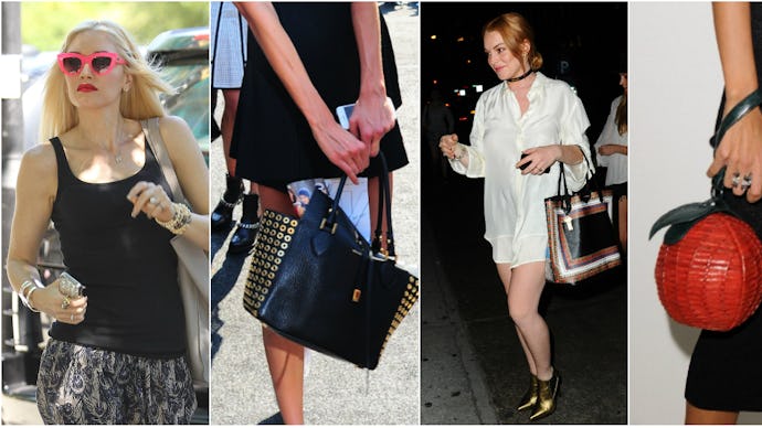 Four stylish celebrities with lovely bags slung over their shoulders and their phones in their hands