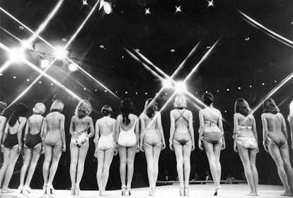 Contestants in the 1973 Miss World Contest line up during one of the elimination rounds.