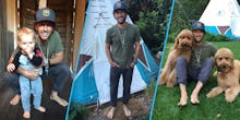 Collage of Blake Mycoskie's barefoot photos with his child and dogs