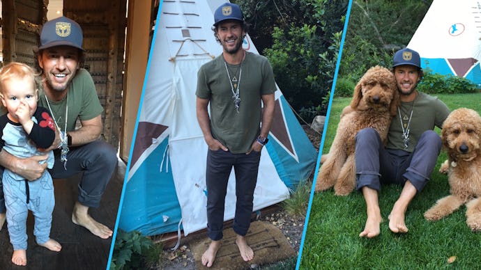 Collage of Blake Mycoskie's barefoot photos with his child and dogs