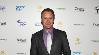 Host Chris Harrison in a grey suit, a lavender shirt, and a silver tie at a red carpet event