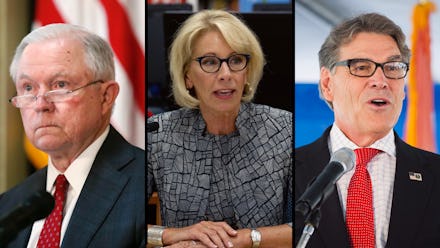 Members of the Trump administration: Jeff Sessions, Betsy DeVos, and Rick Perry