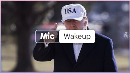"Mic wakeup" text over Donald Trump walking with a white golf cap