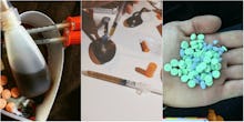 A collage with heroin syringes and pills