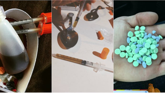 A collage with heroin syringes and pills