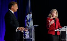 Abigail Spanberger and Dave Brat during a debate in the race for Virginia’s 7th Congressional Distri...