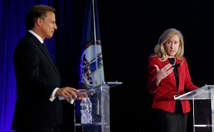 Abigail Spanberger and Dave Brat during a debate in the race for Virginia’s 7th Congressional Distri...