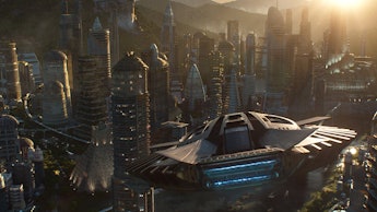 A screenshot from the movie Black Panther with an aerial view of Wakanda