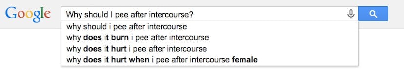 A question 'Why should I pee after intercourse?' entered in the Google Search
