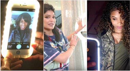 A phone with a selfie light and a person using this phone to take a selfie