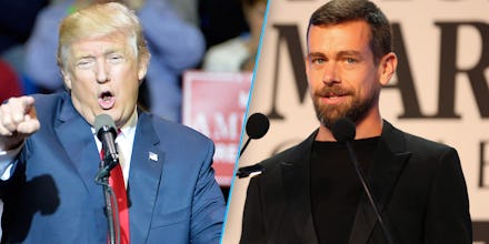 Donald trump pointing at a political rally next to Twitter founder Jack Dorsey