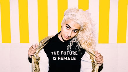 Madame Gandhi in a shirt that says the future is female