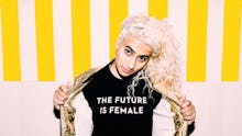 Madame Gandhi in a shirt that says the future is female