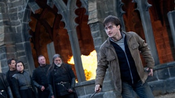 Harry Potter battling Lord Voldemort in the ruins of Hogwarts