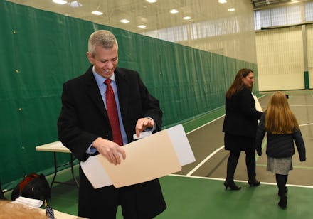 Anthony Brindisi, who beat Trump supporter Claudia Tenney in New York's 22nd District, holding a whi...