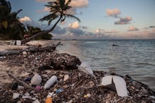 A beach in Belize with plastic forks, bags and other single-use items on it