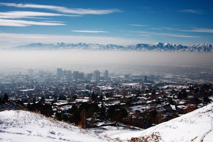 An aerial shoot from a mountain of Utah during winter season