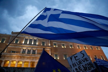 A big Greek flag at protests in Greece