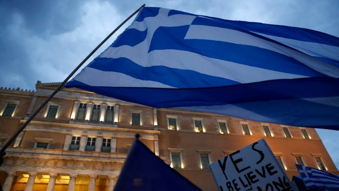 A big Greek flag at protests in Greece