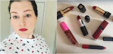 A two-part collage of a woman's selfie, and various lip products on a white surface