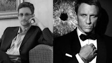A two-part collage with Edward Snowden and Daniel Craig as James Bond