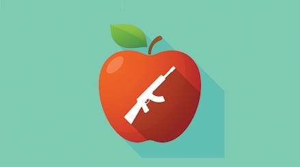 Illustration of a red apple and a white riffle drawn on it