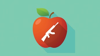 Illustration of a red apple and a white riffle drawn on it