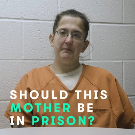 A woman wearing orange jail clothes and the text 'Should this mother be in prison?'