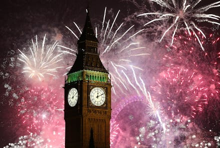 Big Ben with fireworks in the background.