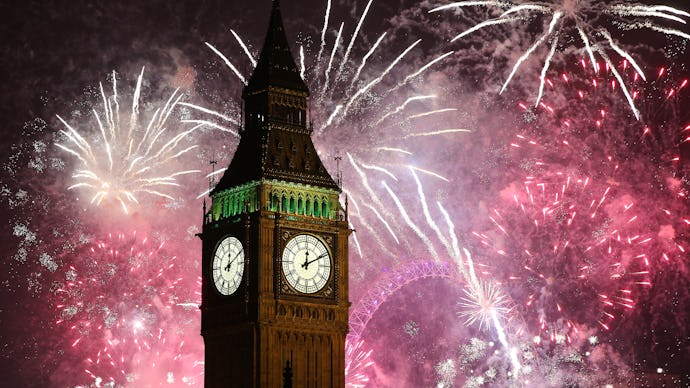 Big Ben with fireworks in the background.