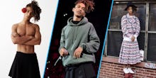 A three-part collage of Jaden Smith wearing genderless clothes and skirts