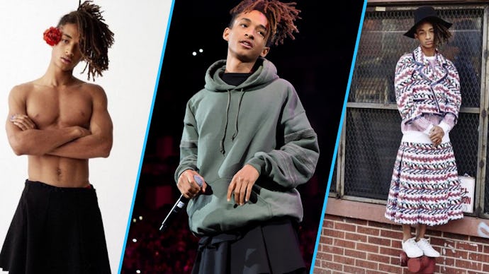 A three-part collage of Jaden Smith wearing genderless clothes and skirts